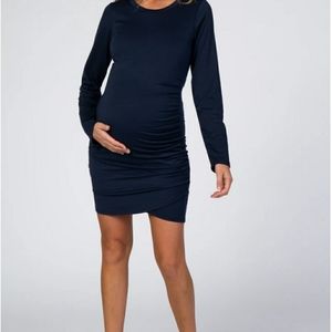 Navy Blue Long Sleeve Wrap Hem Fitted Maternity Dress
